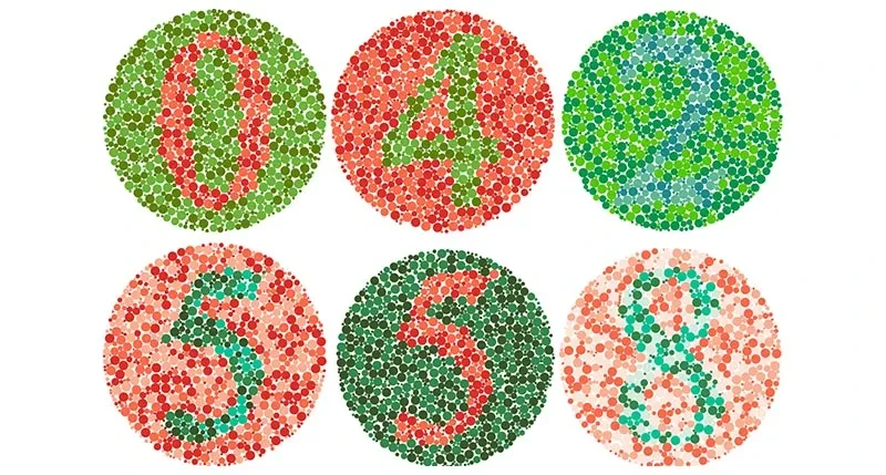 Six Ishihara test plates: circles of coloured dots hiding the numbers 0, 4, 2, 5, 5 and 8 in red, green and teal on contrasting dot backgrounds.